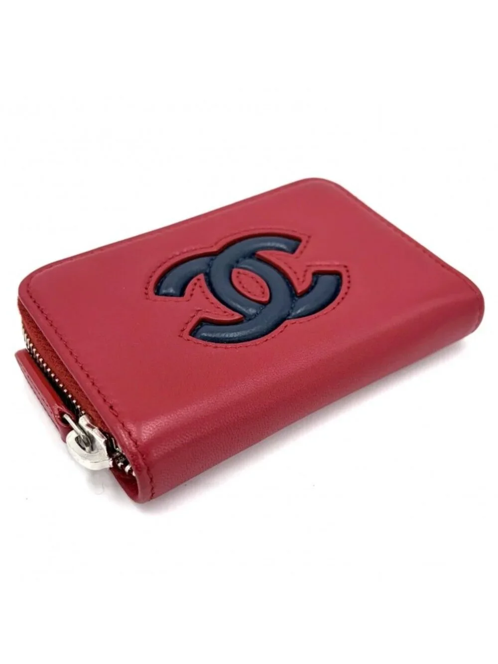 Chanel Coin Case Card CC Logo Purse Leather Red Navy Silver